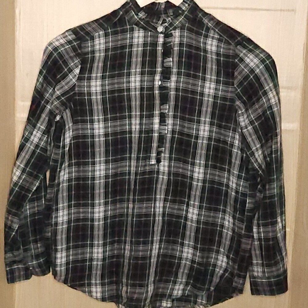 Loft Womens Petite Green White Plaid High Neck Ruffle Top SP